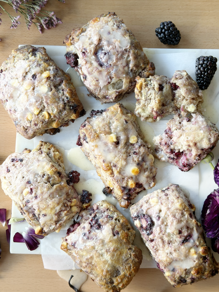 Vanilla Glazed Marionberry White Chocolate Scones